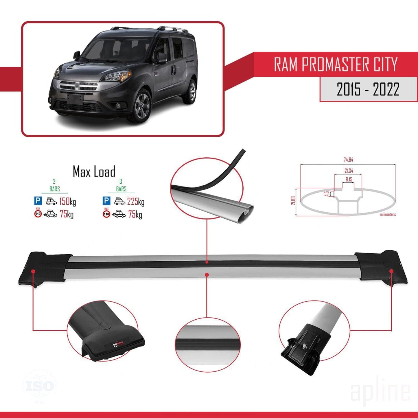 Compatible with Ram Promaster City (636) 2015-2022 Fly Model Car Roof Rack Cross Bar Grey Aluminium 2 Bars