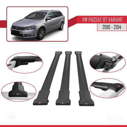 Compatible with Volkswagen Passat B7 (3C) Variant 2010-2014 Fly Model Car Roof Rack Cross Bar Black Aluminium 3 Bars