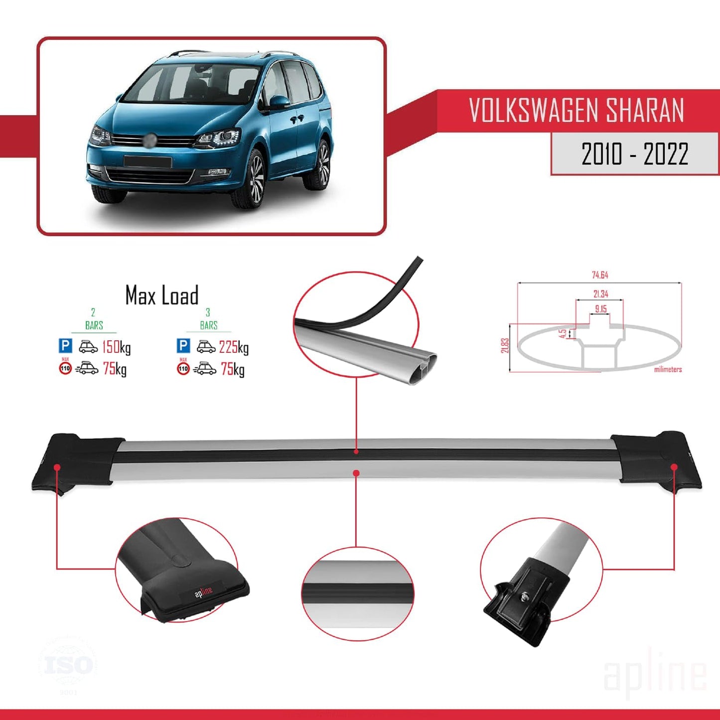 Compatible with Volkswagen Sharan 2 (7N) 2010-2022 Fly Model Car Roof Rack Cross Bar Grey Aluminium 2 Bars