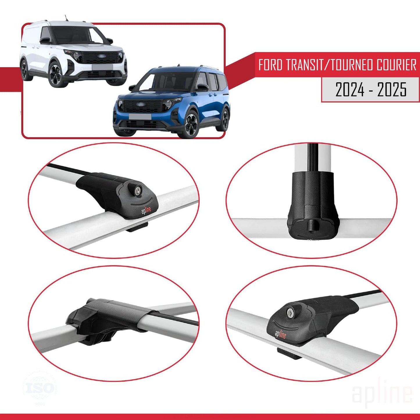 Compatible with Ford Transit/Tourneo Courier 2024-2025 ACE-1 Car Roof Rack Cross Bar Grey Aluminium 3 Bars