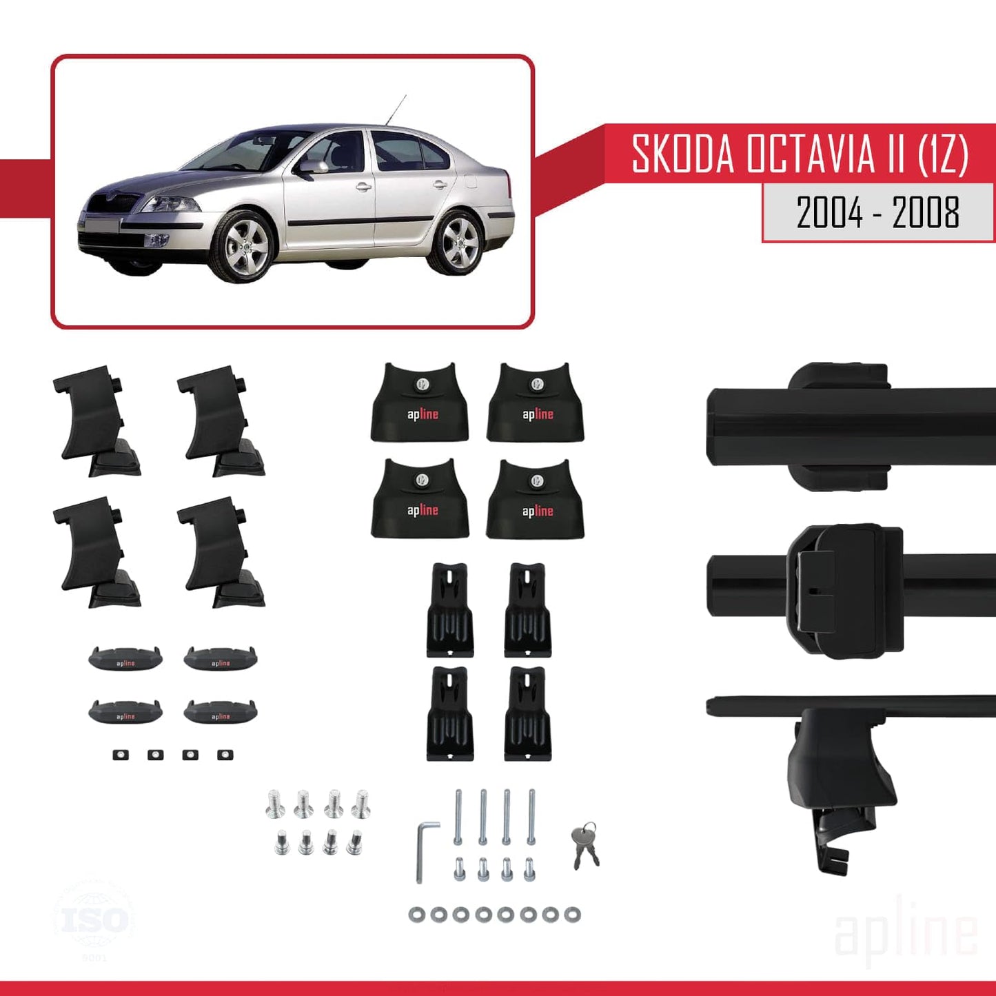 Compatible with Skoda Octavia 2 (1Z) Pre-Facelift 2004-2008 ACE-4 Car Roof Rack Cross Bar Black Aluminium 2 Bars