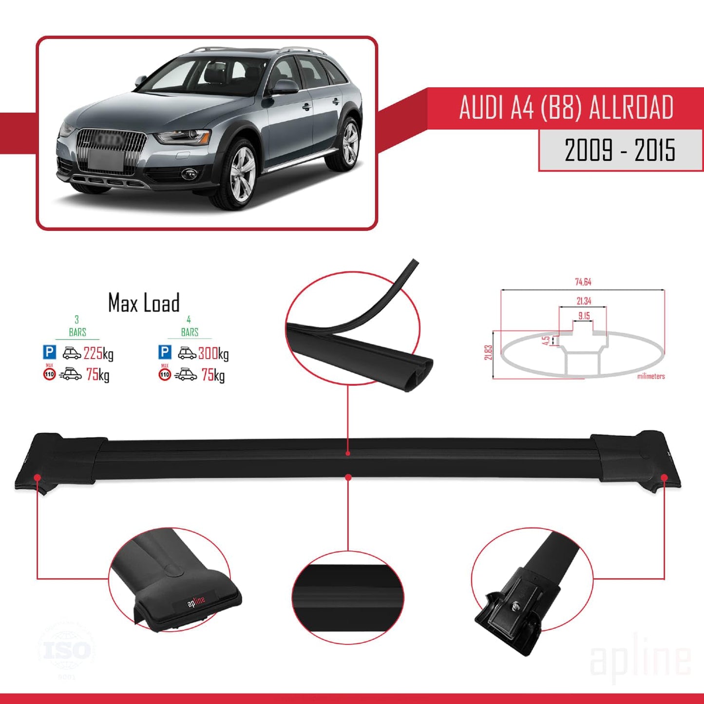 Compatible with Audi A4 (B8) Allroad 2009-2015 Fly Model Car Roof Rack Cross Bar Black Aluminium 3 Bars