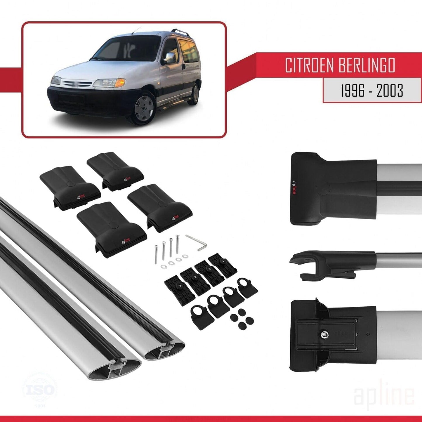 Compatible with Citroen Berlingo (M49) 1996-2003 Fly Model Car Roof Rack Cross Bar Grey Aluminium 2 Bars