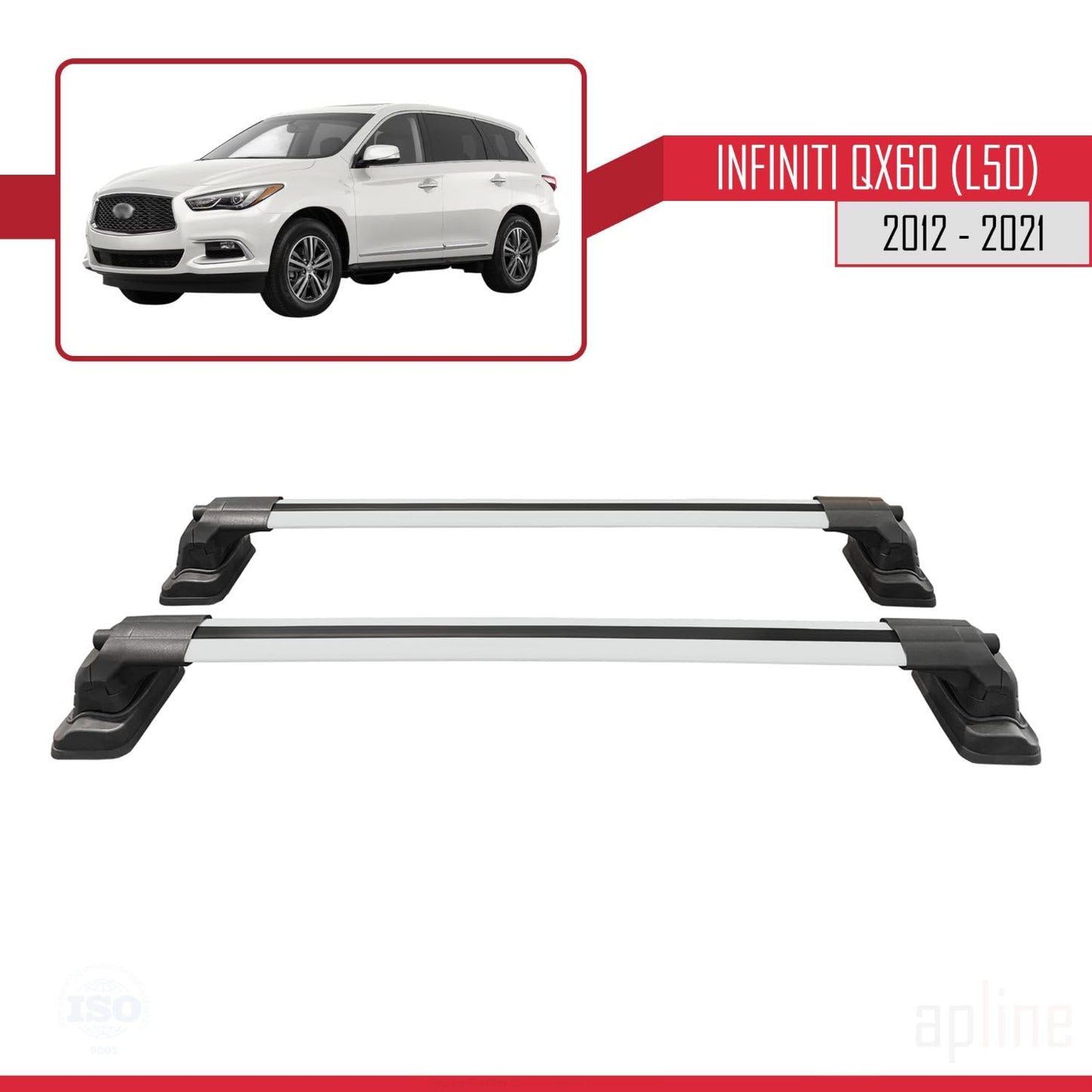 Compatible with Infiniti QX60 (L50) 2012-2021 ACE-3 Car Roof Rack Cross Bar Grey Aluminium 2 Bars