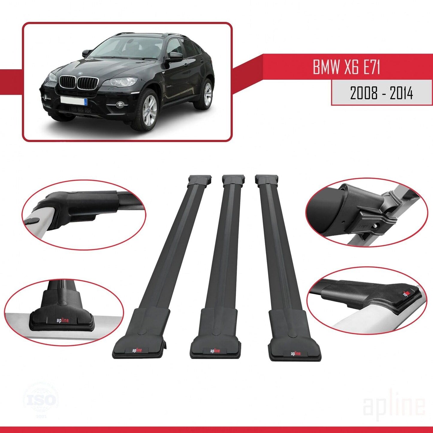 Compatible with BMW X6 (E71) 2008-2014 Fly Model Car Roof Rack Cross Bar Black Aluminium 3 Bars