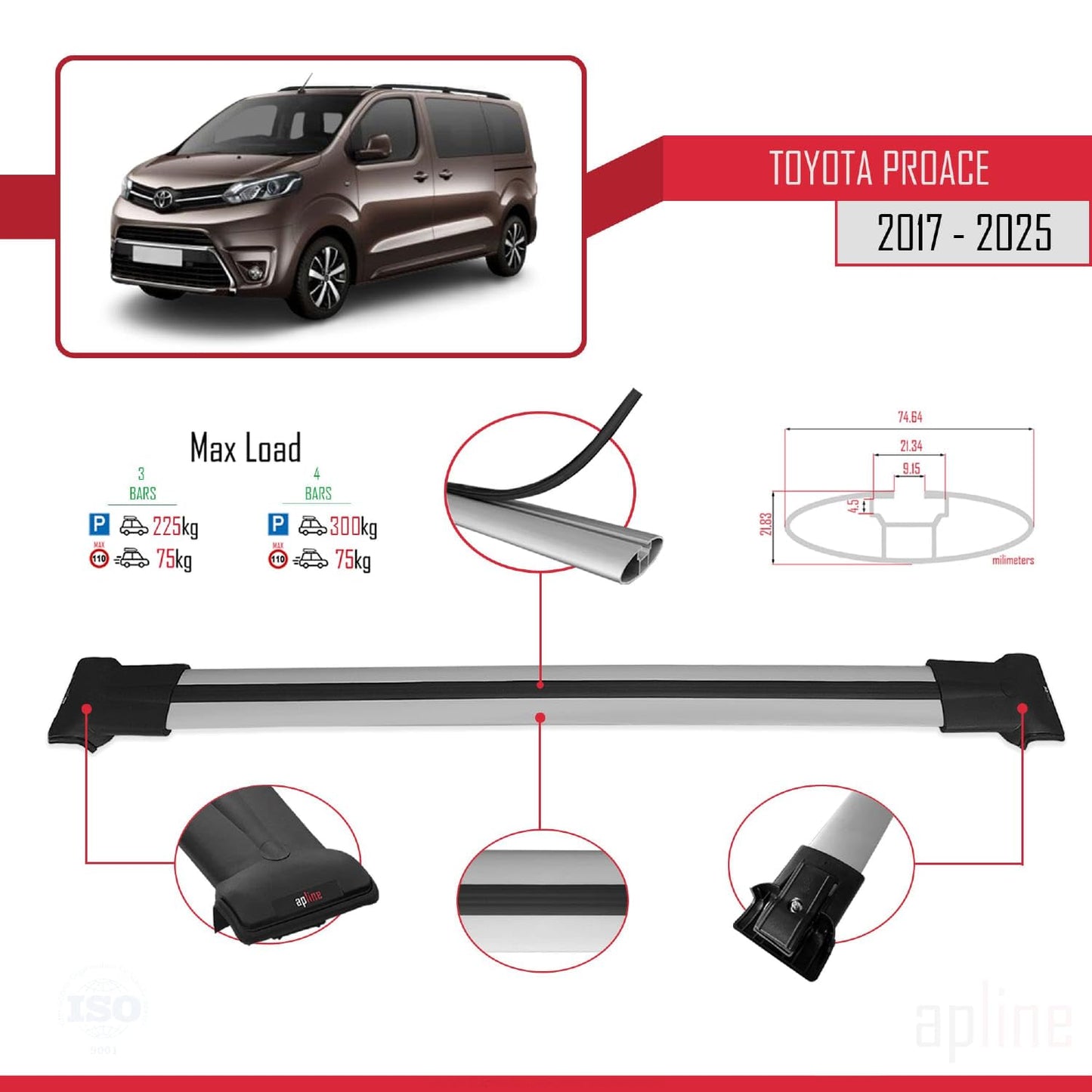 Compatible with Toyota Proace 2017-2025 Fly Model Car Roof Rack Cross Bar Grey Aluminium 3 Bars