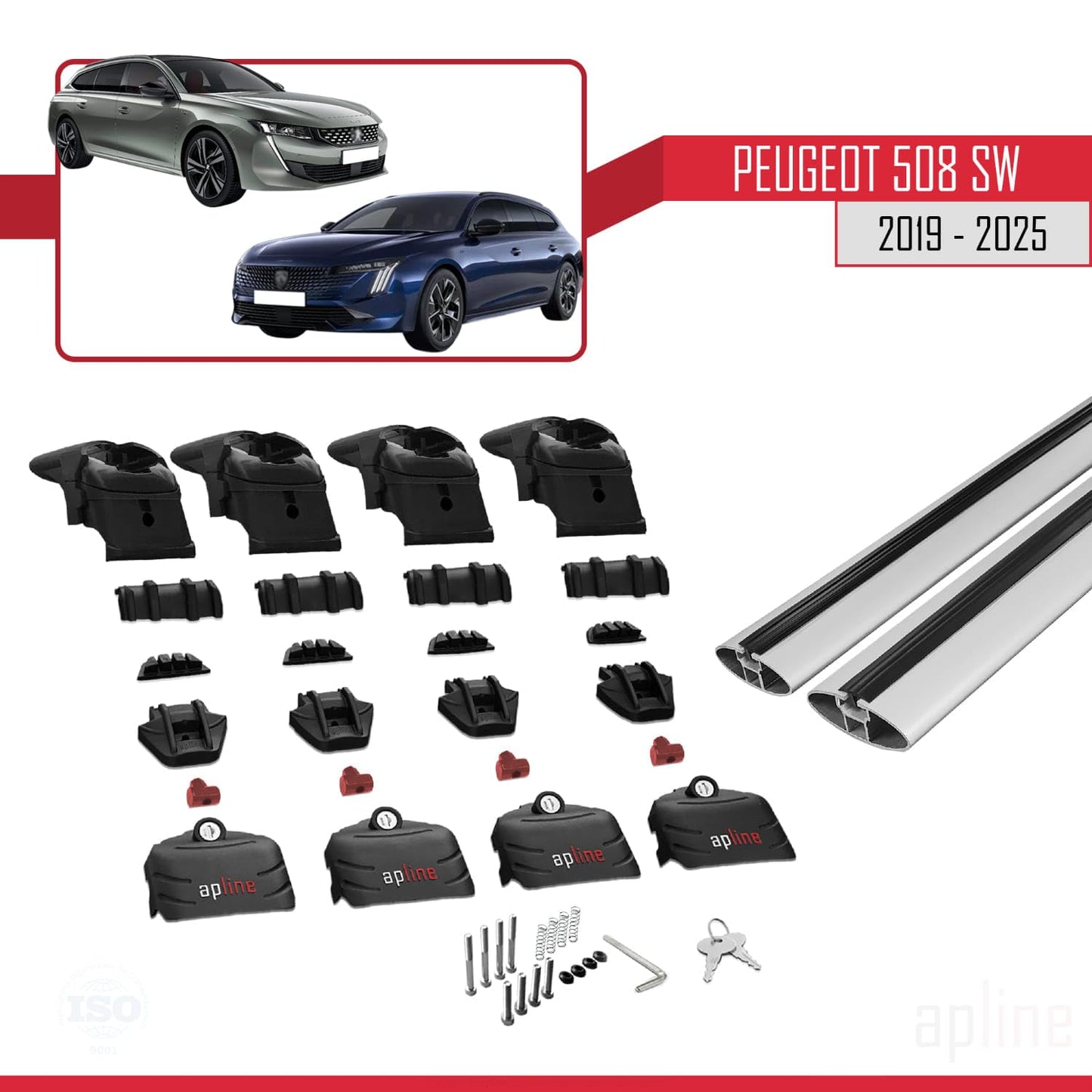 Compatible with Peugeot 508 SW 2019-2025 ACE-2 Car Roof Rack Cross Bar Grey Aluminium 2 Bars