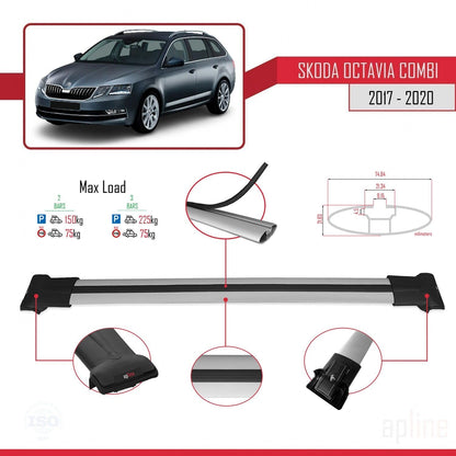 Compatible with Skoda Octavia 3 (5E) SW Post-Facelift 2017-2020 Fly Model Car Roof Rack Cross Bar Grey Aluminium 2 Bars
