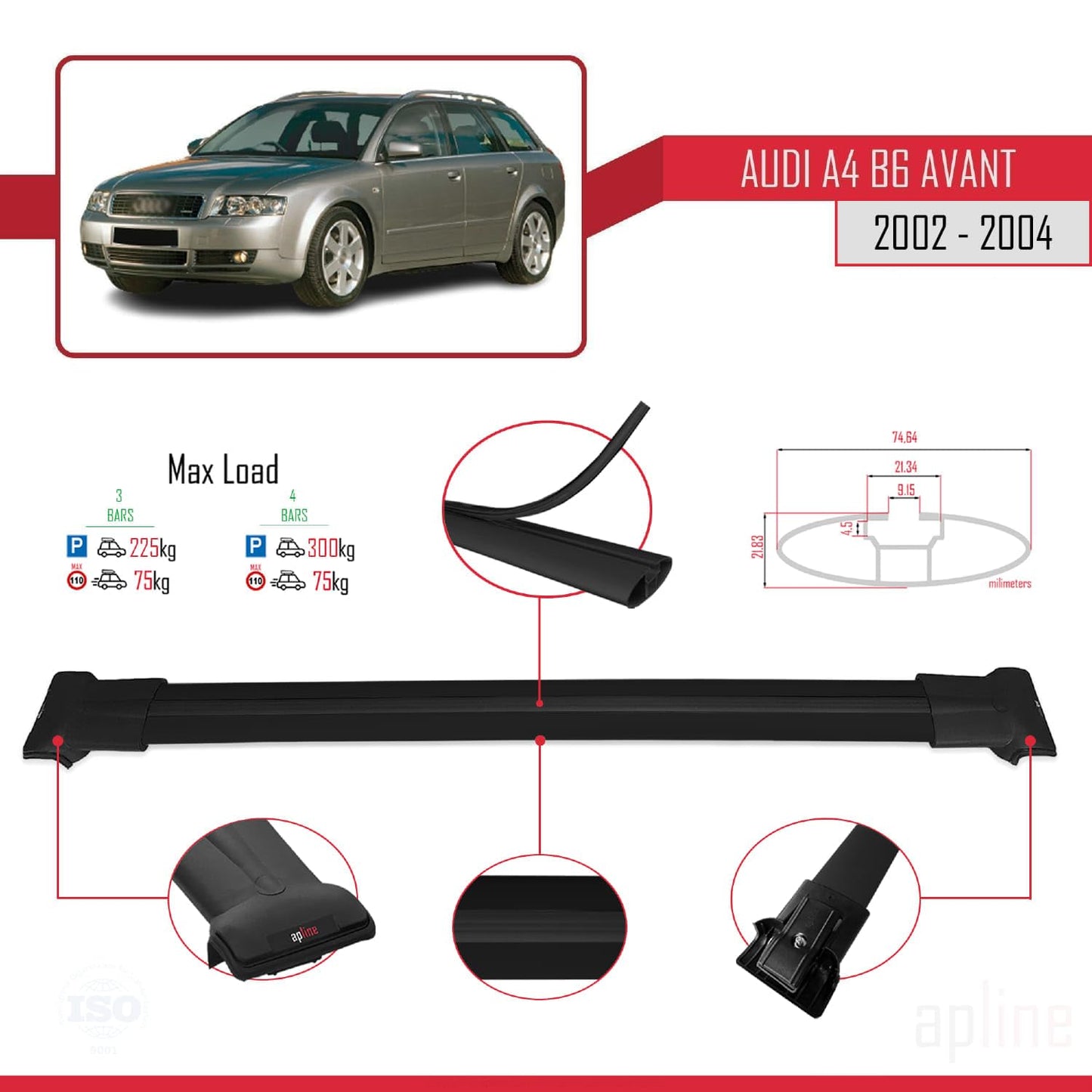 Compatible with Audi A4 (B6) Avant 2002-2004 Fly Model Car Roof Rack Cross Bar Black Aluminium 3 Bars
