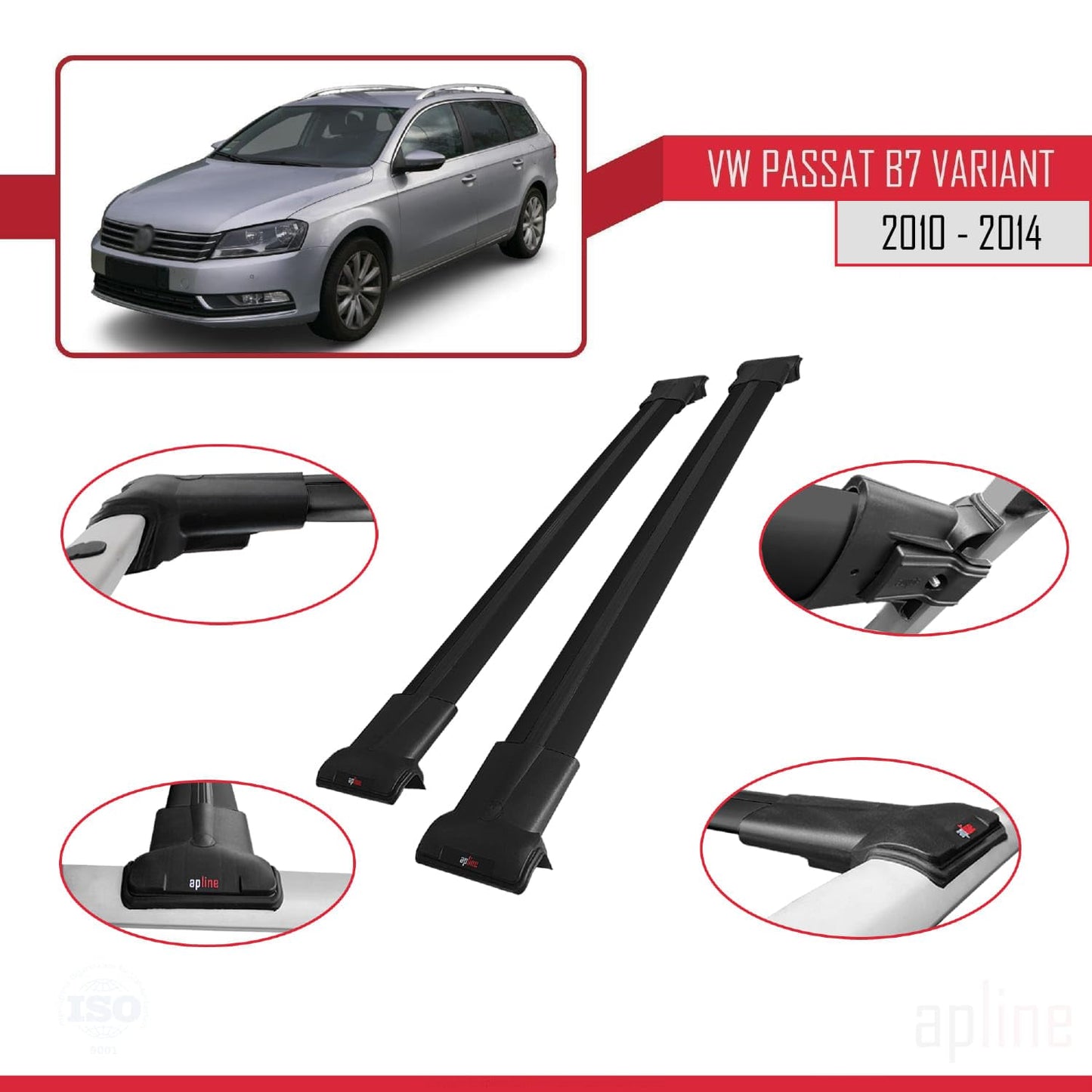 Compatible with Volkswagen Passat B7 (3C) Variant 2010-2014 Fly Model Car Roof Rack Cross Bar Black Aluminium 2 Bars