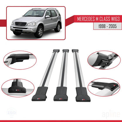 Compatible with Mercedes M Class (W163) 1998-2005 Fly Model Car Roof Rack Cross Bar Grey Aluminium 3 Bars