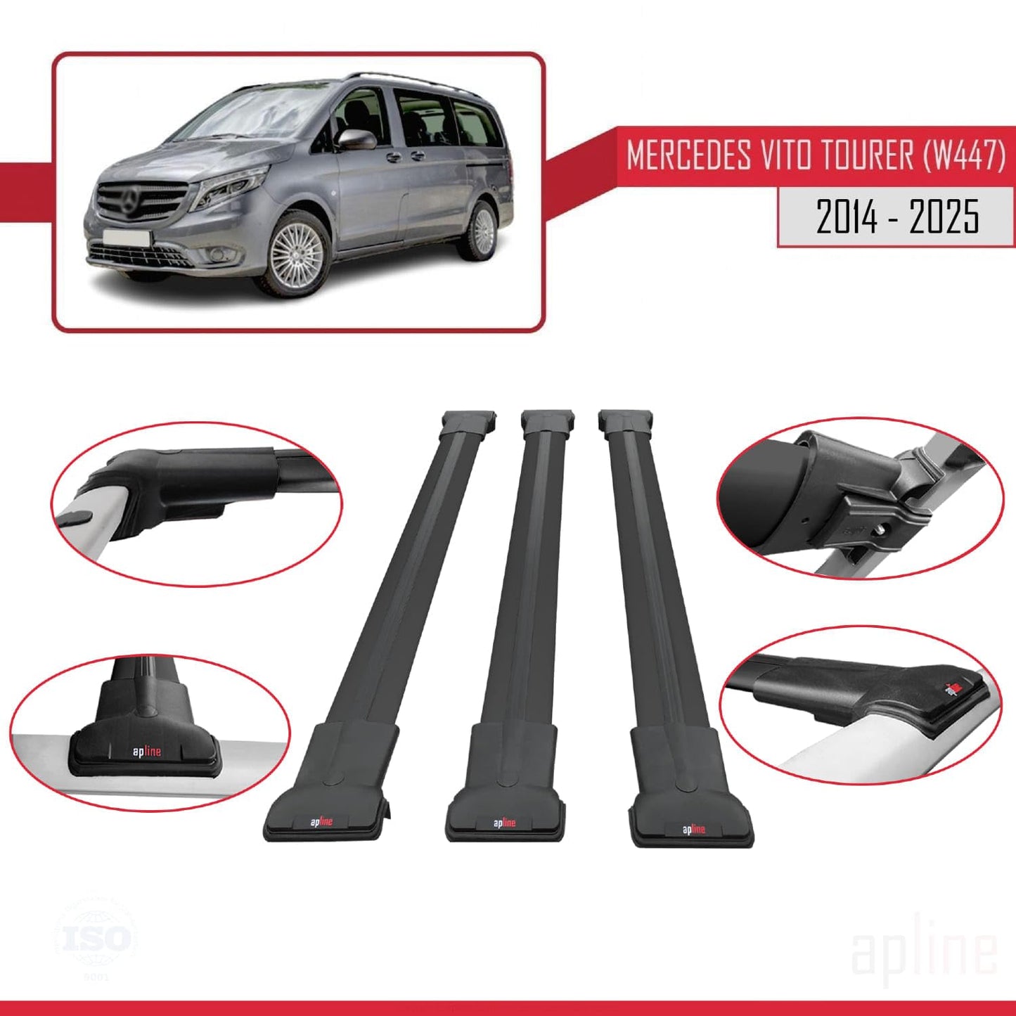 Compatible with Mercedes Vito Tourer (W447) 2014-2025 Fly Model Car Roof Rack Cross Bar Black Aluminium 3 Bars