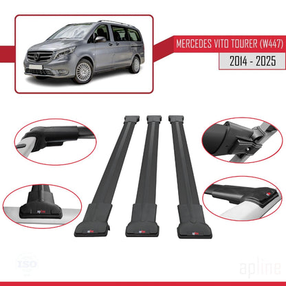 Compatible with Mercedes Vito Tourer (W447) 2014-2025 Fly Model Car Roof Rack Cross Bar Black Aluminium 3 Bars