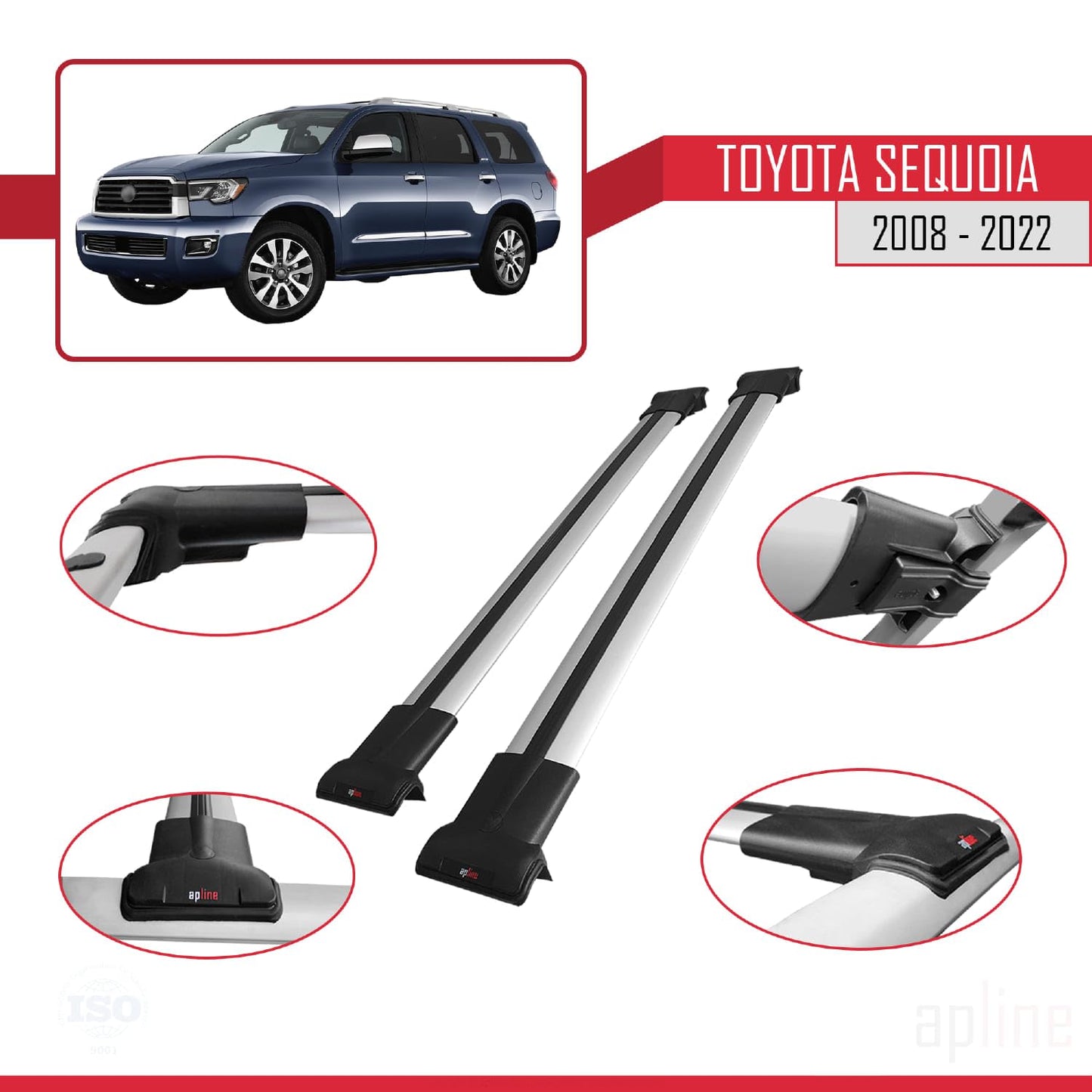 Compatible with Toyota Sequoia 2008-2022 Fly Model Car Roof Rack Cross Bar Grey Aluminium 2 Bars