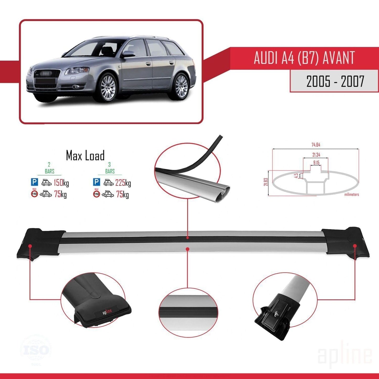 Compatible with Audi A4 (B7) Avant 2005-2007 Fly Model Car Roof Rack Cross Bar Grey Aluminium 2 Bars