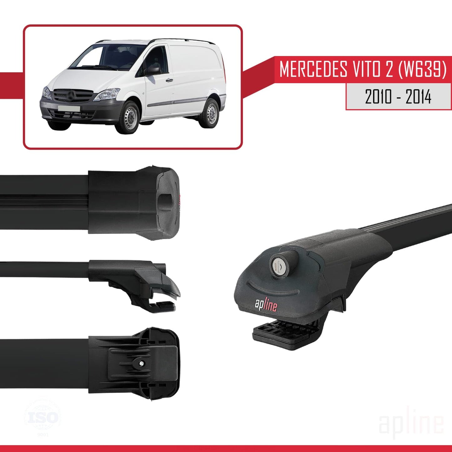 Compatible with Mercedes Vito 2 (W639) Post-Facelift 2010-2014 ACE-1 Car Roof Rack Cross Bar Black Aluminium 3 Bars