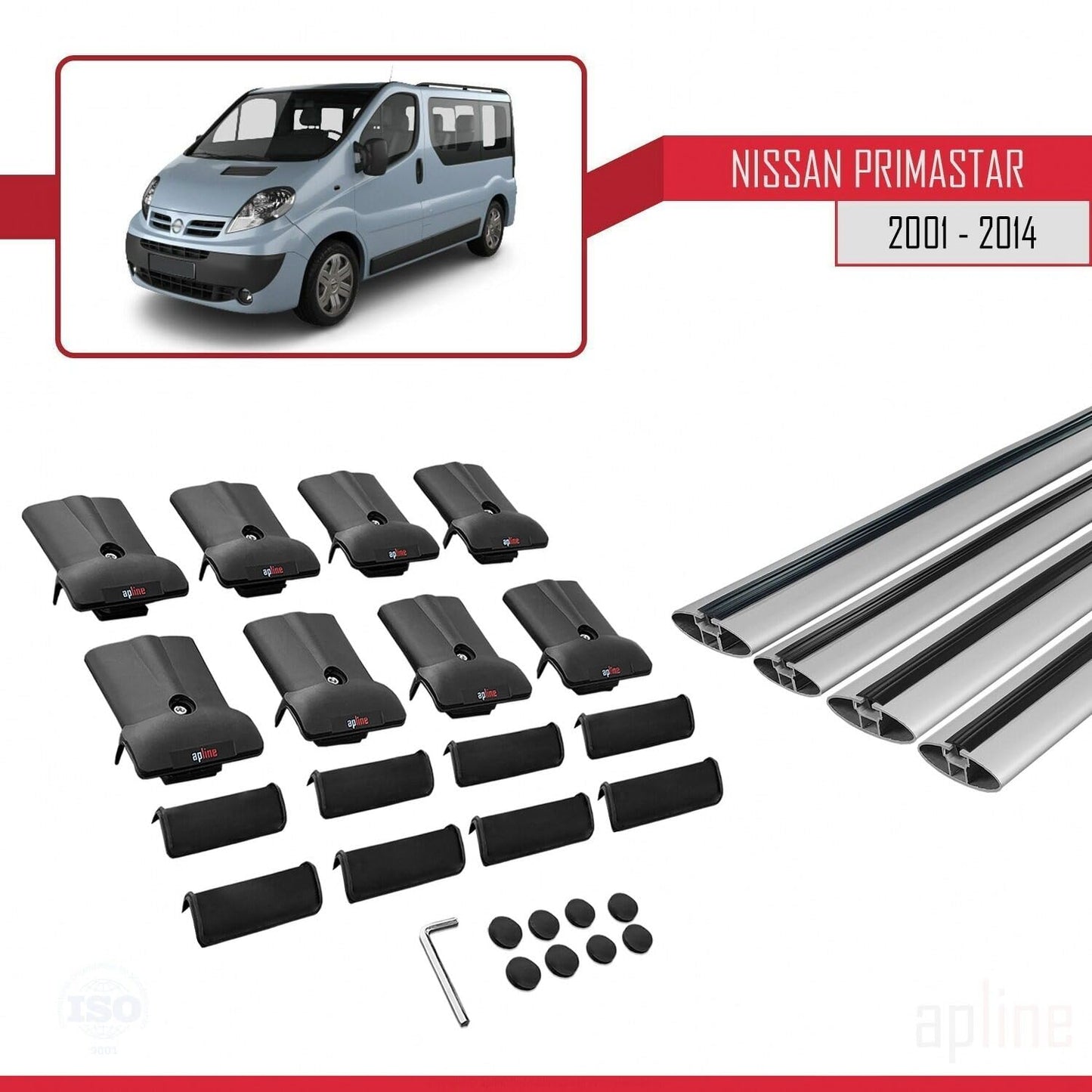 Compatible with Nissan Primastar 2001-2014 Fly Model Car Roof Rack Cross Bar Grey Aluminium 4 Bars