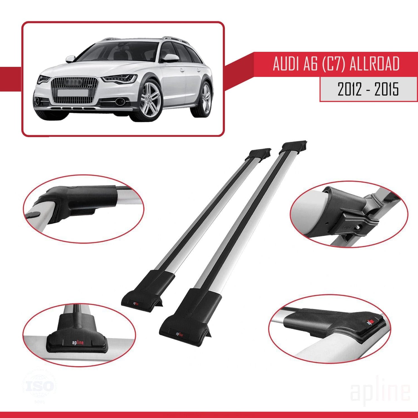 Compatible with Audi A6 (C7) Allroad 2012-2015 Fly Model Car Roof Rack Cross Bar Grey Aluminium 2 Bars
