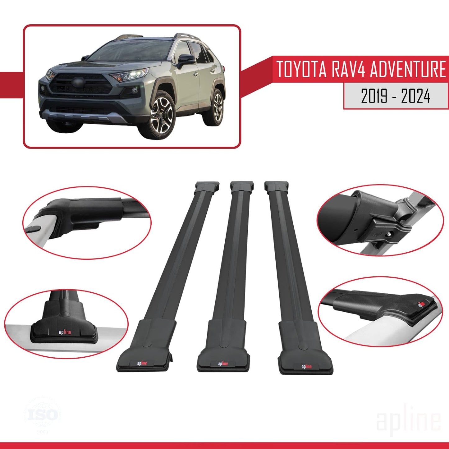 Compatible with Toyota RAV4 Adventure 2019-2024 Fly Model Car Roof Rack Cross Bar Black Aluminium 3 Bars
