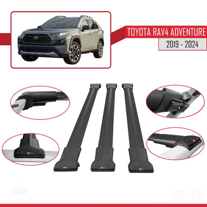 Compatible with Toyota RAV4 Adventure 2019-2024 Fly Model Car Roof Rack Cross Bar Black Aluminium 3 Bars