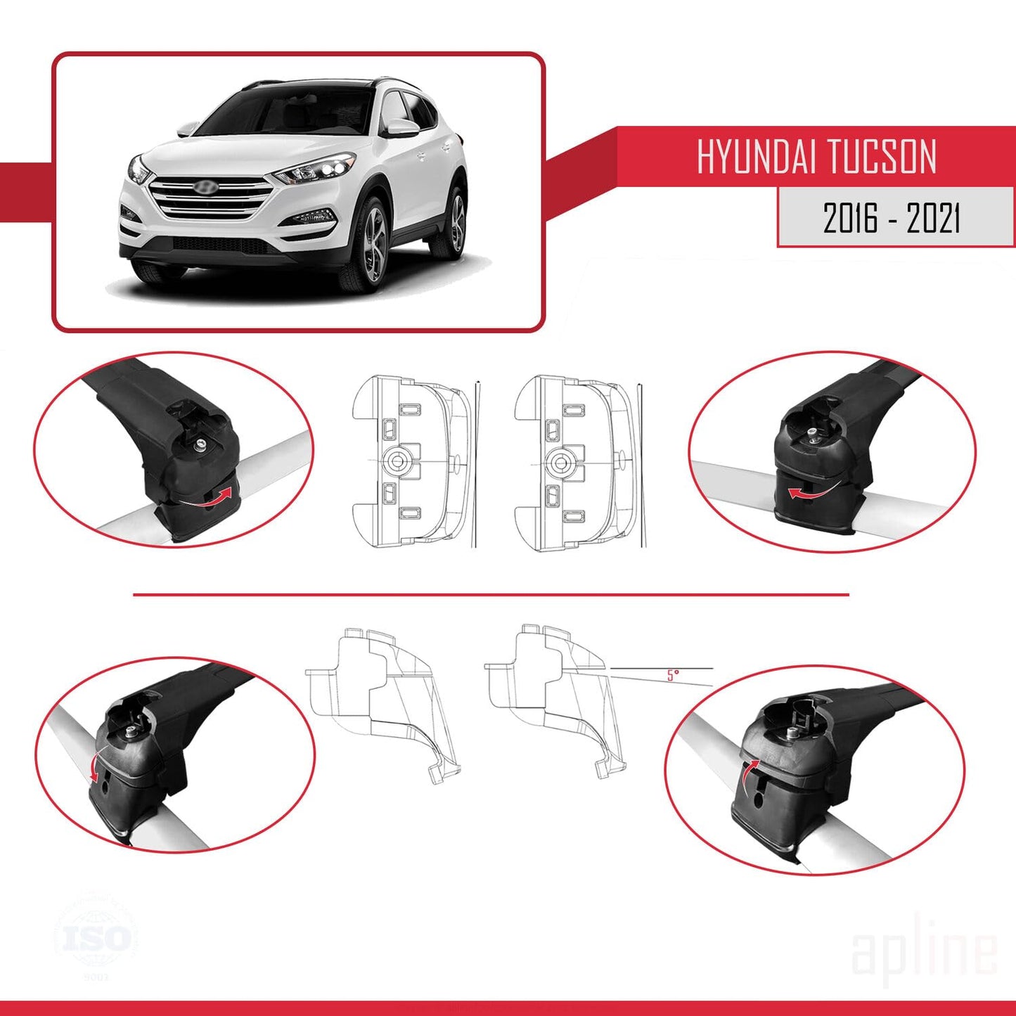 Compatible with Hyundai Tucson 3 (TL) 2016-2021 ACE-2 Car Roof Rack Cross Bar Black Aluminium 2 Bars