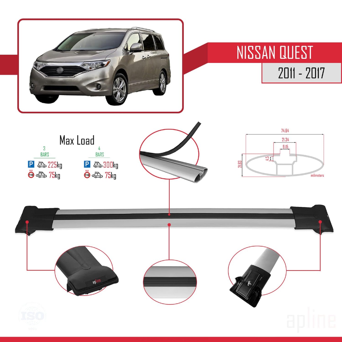 Compatible with Nissan Quest 2011-2017 Fly Model Car Roof Rack Cross Bar Grey Aluminium 4 Bars