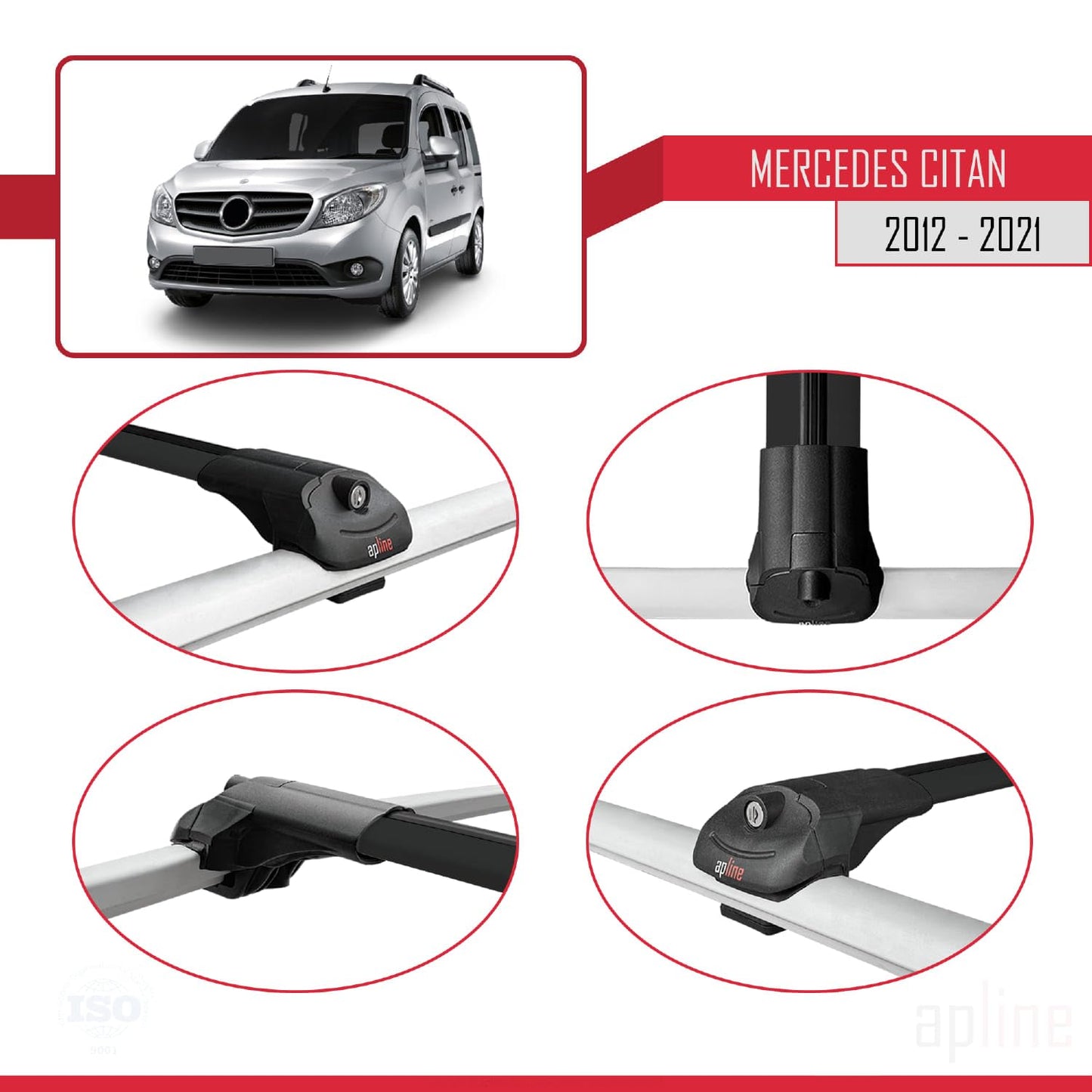 Compatible with Mercedes Citan (W415) 2012-2021 ACE-1 Car Roof Rack Cross Bar Black Aluminium 4 Bars