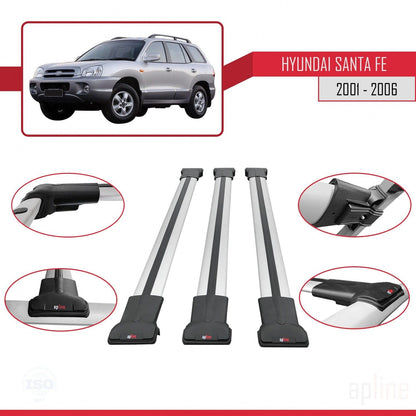 Compatible with Hyundai Santa Fe (SM) 2001-2006 Fly Model Car Roof Rack Cross Bar Grey Aluminium 3 Bars