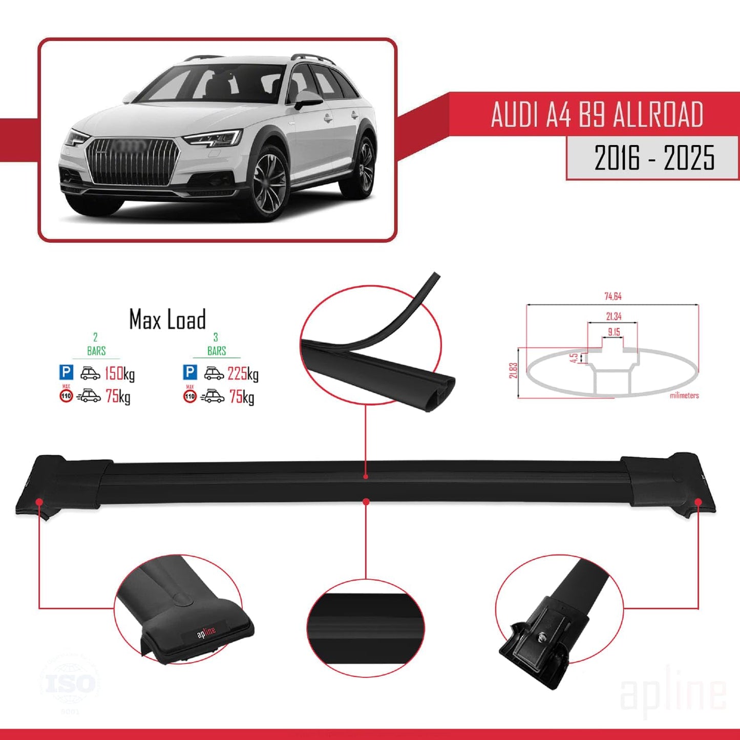 Compatible with Audi A4 (B9) Allroad 2016-2025 Fly Model Car Roof Rack Cross Bar Black Aluminium 2 Bars