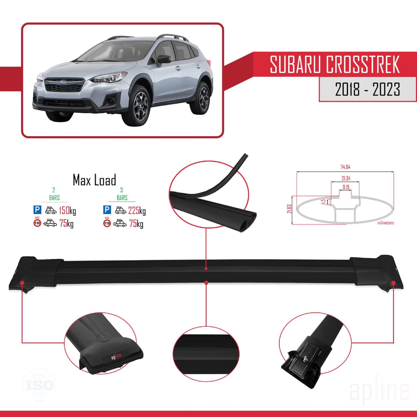 Compatible with Subaru Crosstrek 2018-2023 Fly Model Car Roof Rack Cross Bar Black Aluminium 2 Bars