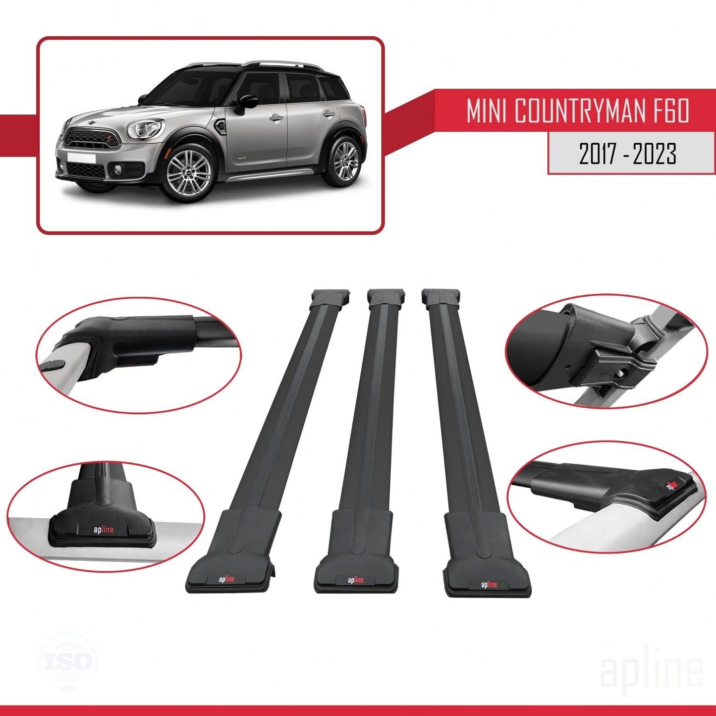 Compatible with Mini Countryman 2 (F60) 2017-2023 Fly Model Car Roof Rack Cross Bar Black Aluminium 3 Bars