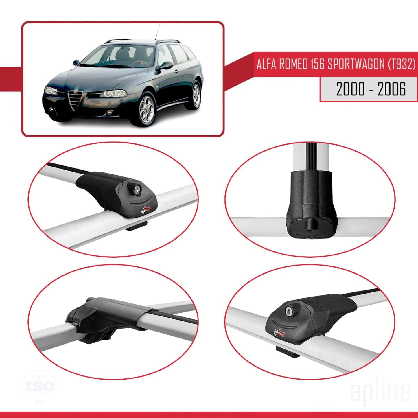 Compatible with Alfa Romeo 156 (T932) SW 2000-2006 ACE-1 Car Roof Rack Cross Bar Grey Aluminium 3 Bars