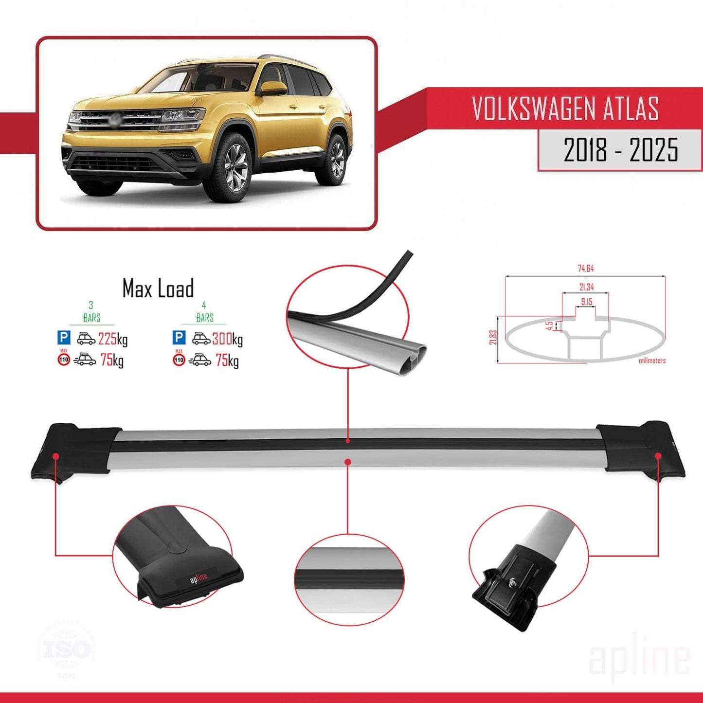 Compatible with Volkswagen Atlas (CA1) 2018-2025 Fly Model Car Roof Rack Cross Bar Grey Aluminium 3 Bars
