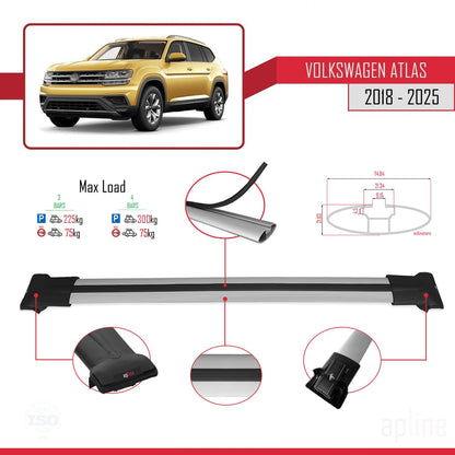 Compatible with Volkswagen Atlas (CA1) 2018-2025 Fly Model Car Roof Rack Cross Bar Grey Aluminium 3 Bars