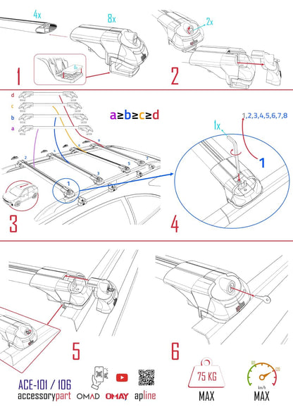 Compatible with Fiat Doblo 2000-2009 ACE-1 Car Roof Rack Cross Bar Grey Aluminium 4 Bars