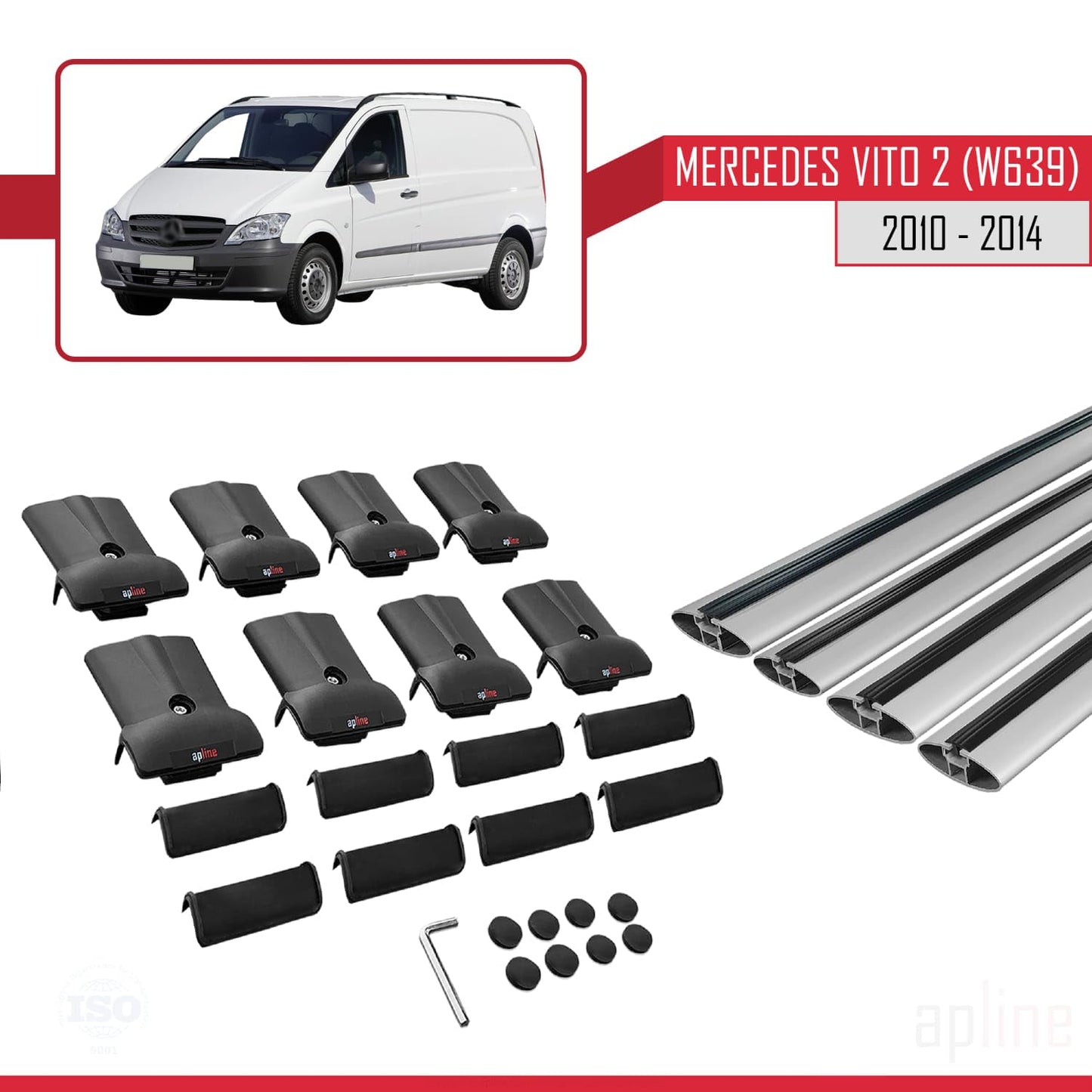 Compatible with Mercedes Vito 2 (W639) Post-Facelift 2010-2014 Fly Model Car Roof Rack Cross Bar Grey Aluminium 4 Bars