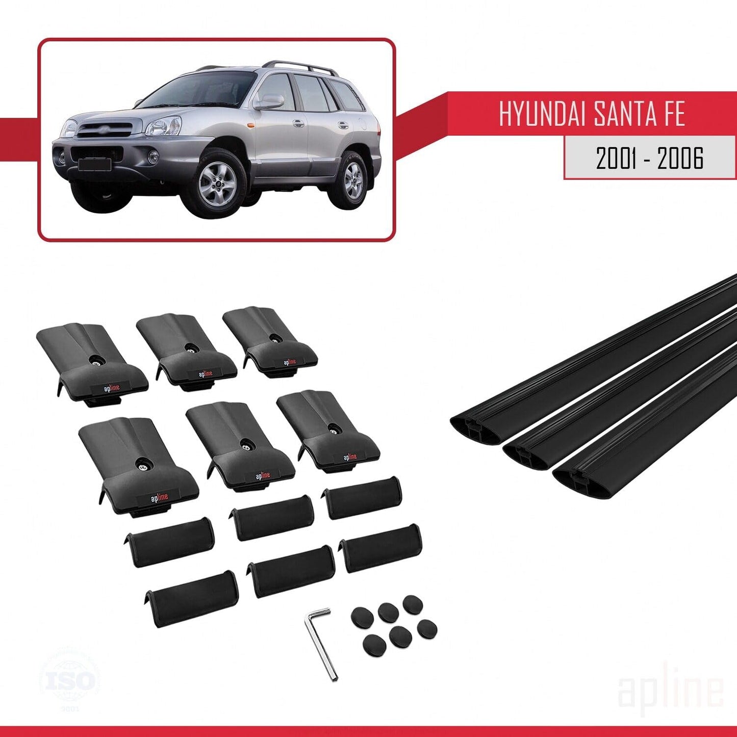 Compatible with Hyundai Santa Fe (SM) 2001-2006 Fly Model Car Roof Rack Cross Bar Black Aluminium 3 Bars