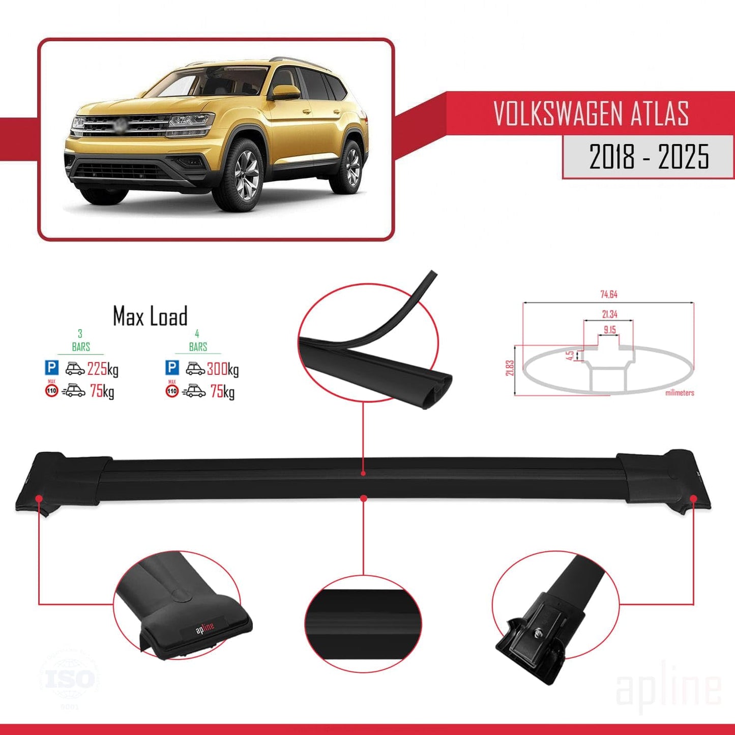 Compatible with Volkswagen Atlas (CA1) 2018-2025 Fly Model Car Roof Rack Cross Bar Black Aluminium 3 Bars