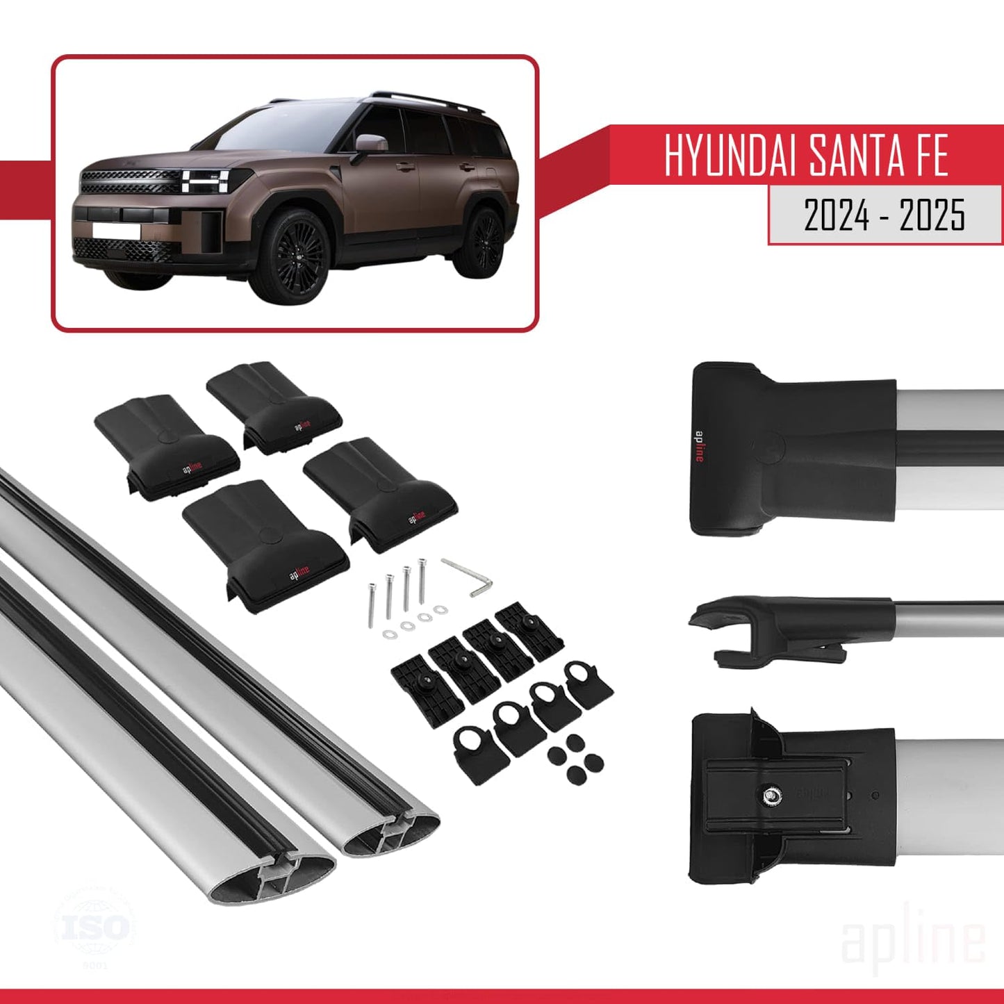 Compatible with Hyundai Santa Fe 2024-2025 Fly Model Car Roof Rack Cross Bar Grey Aluminium 2 Bars