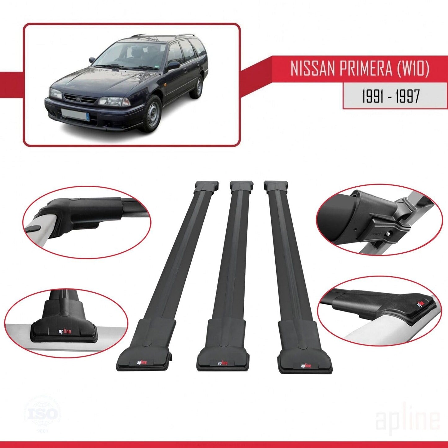 Compatible with Nissan Primera (W10) Traveller 1991-1997 Fly Model Car Roof Rack Cross Bar Black Aluminium 3 Bars