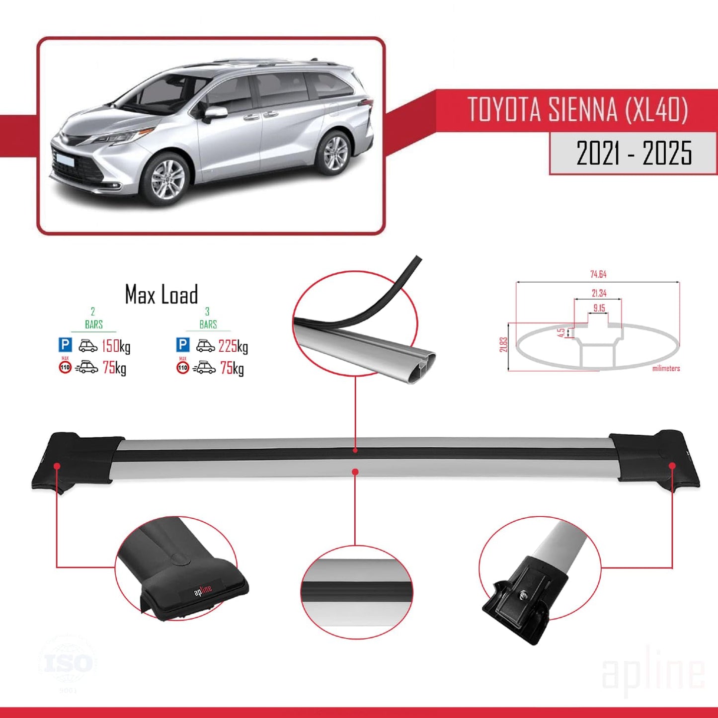 Compatible with Toyota Sienna 4 (XL40) 2021-2025 Fly Model Car Roof Rack Cross Bar Grey Aluminium 2 Bars