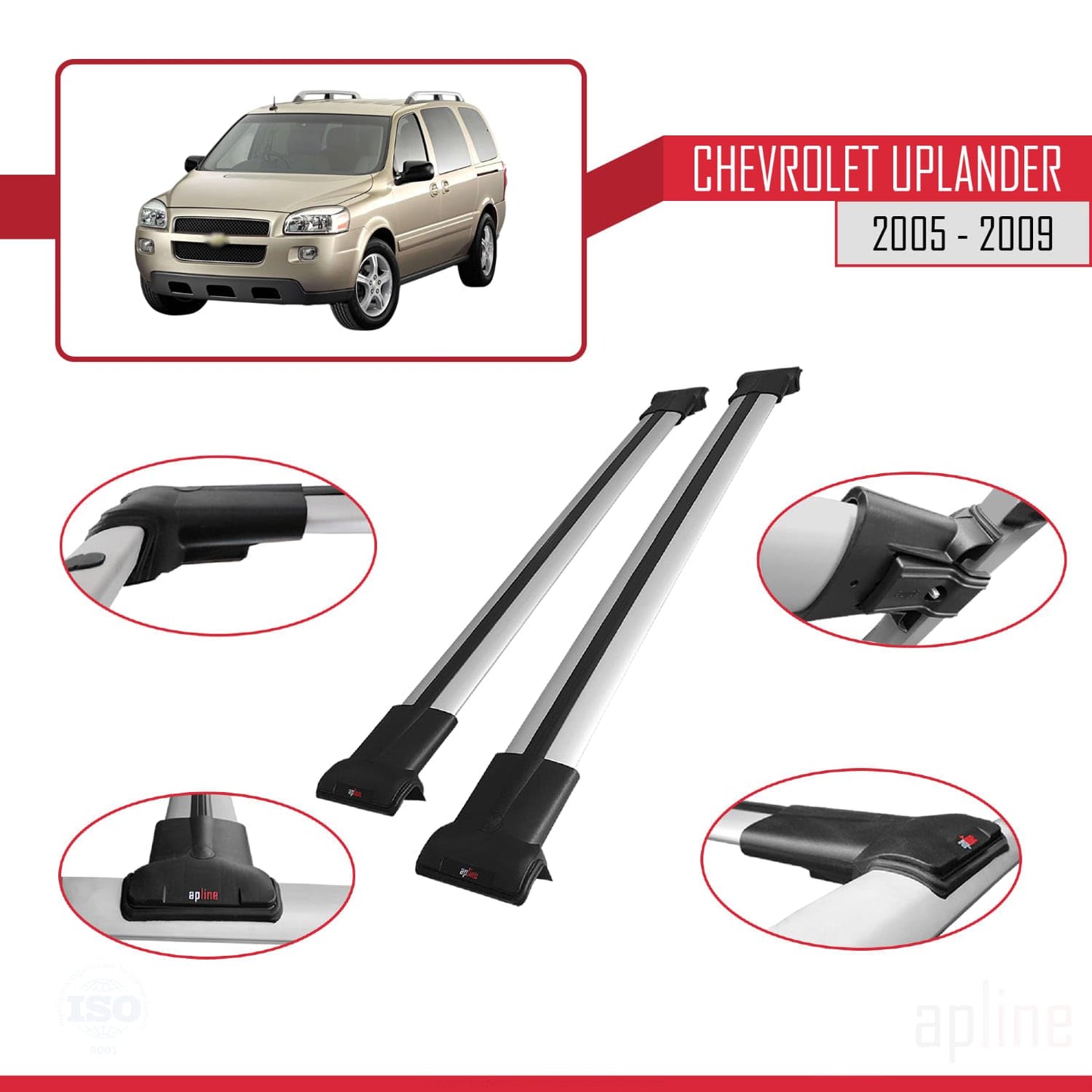 Compatible with Chevrolet Uplander 2005-2009 Fly Model Car Roof Rack Cross Bar Grey Aluminium 2 Bars