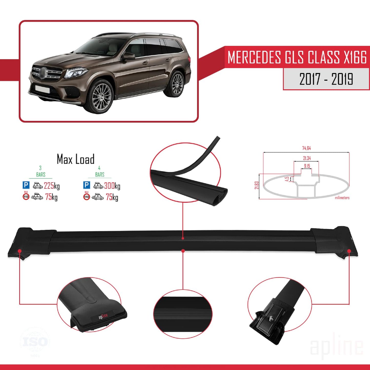 Compatible with Mercedes GLS Class X166 2017-2019 Fly Model Car Roof Rack Cross Bar Black Aluminium 3 Bars
