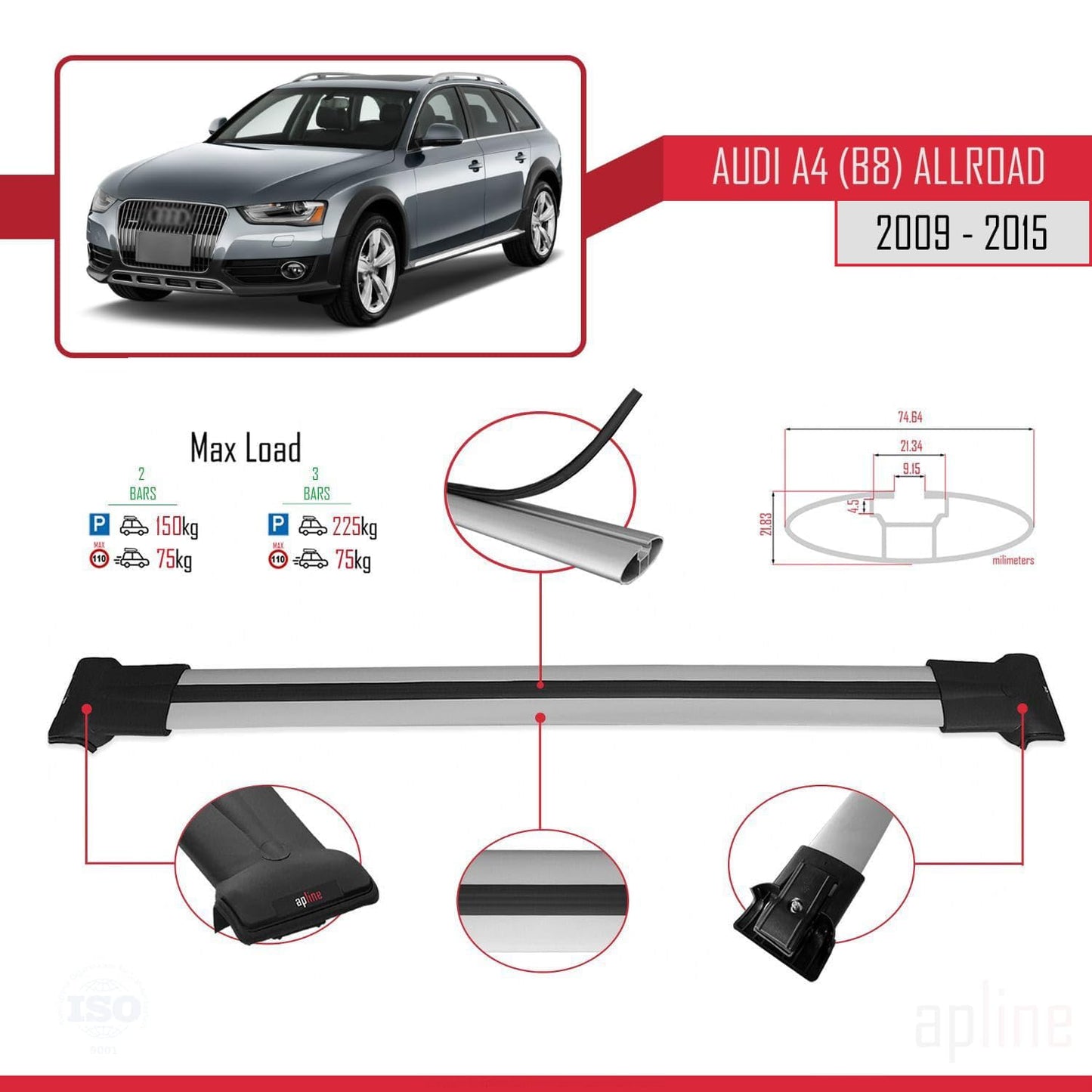 Compatible with Audi A4 (B8) Allroad 2009-2015 Fly Model Car Roof Rack Cross Bar Grey Aluminium 2 Bars