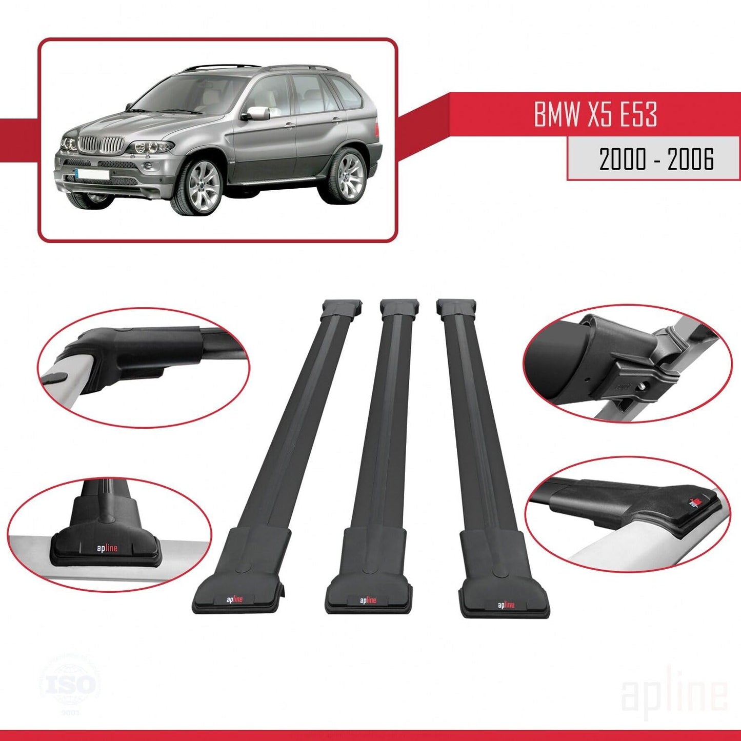 Compatible with BMW X5 (E53) 2000-2006 Fly Model Car Roof Rack Cross Bar Black Aluminium 3 Bars