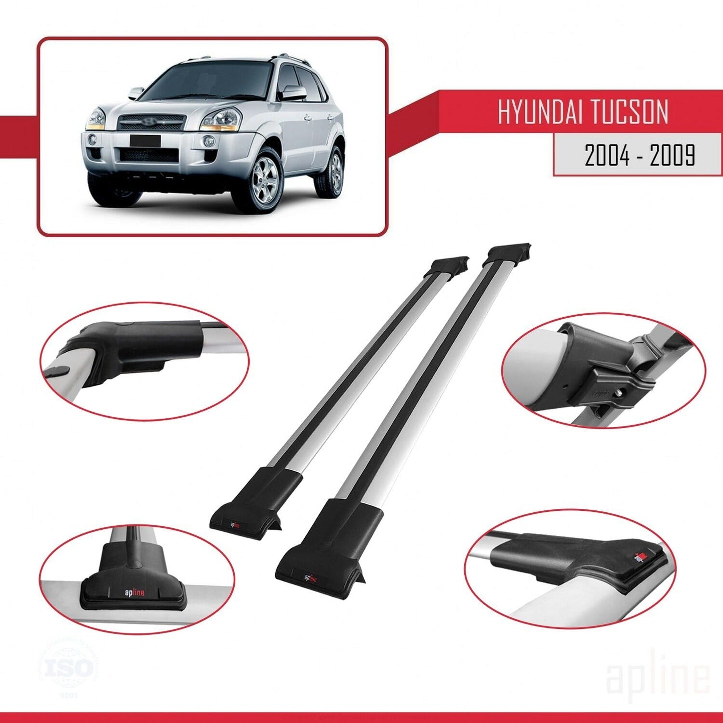 Compatible with Hyundai Tucson (JM) 2004-2009 Fly Model Car Roof Rack Cross Bar Grey Aluminium 2 Bars
