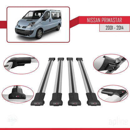 Compatible with Nissan Primastar 2001-2014 Fly Model Car Roof Rack Cross Bar Grey Aluminium 4 Bars