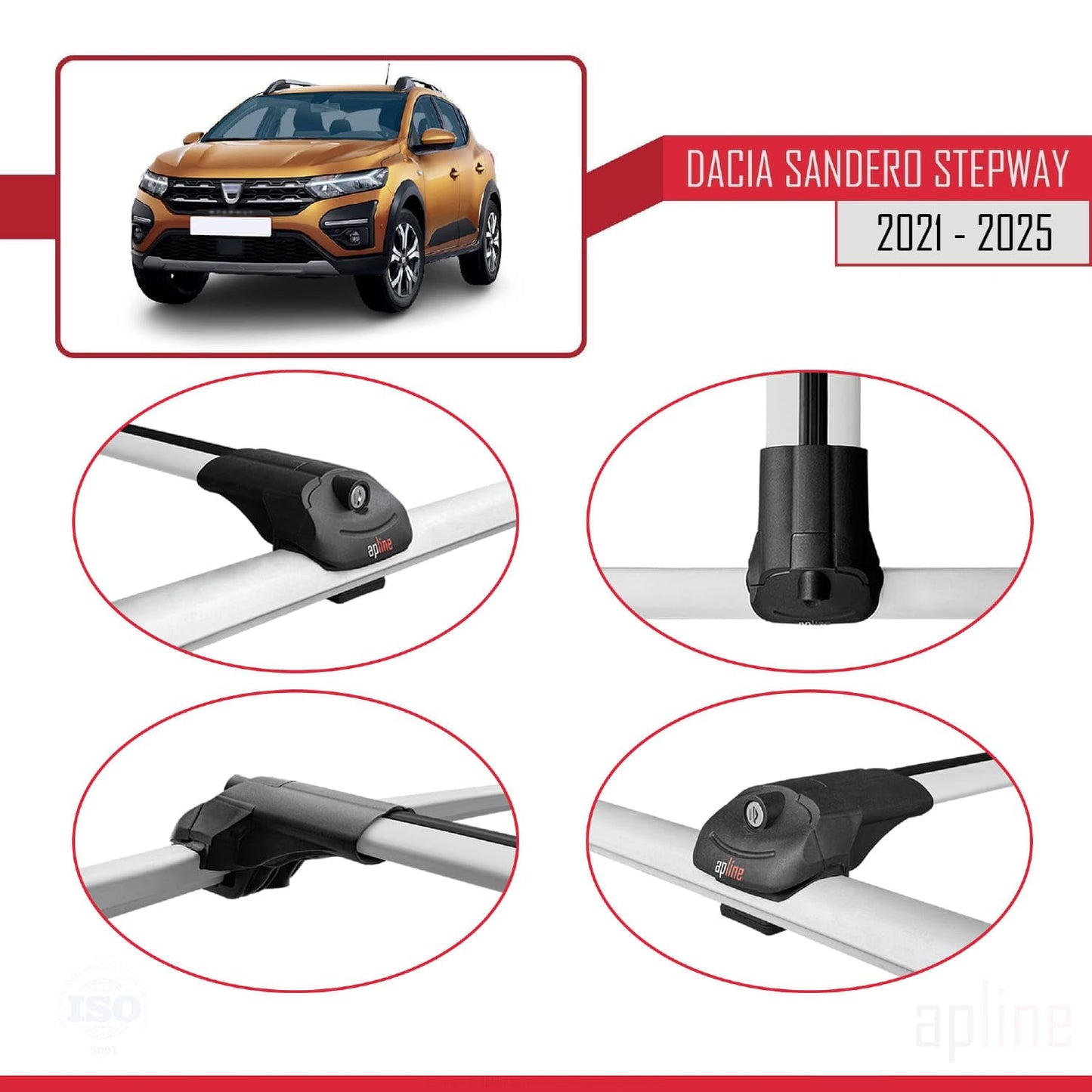 Compatible with Dacia Sandero Stepway 3 2021-2025 ACE-1 Car Roof Rack Cross Bar Grey Aluminium 3 Bars