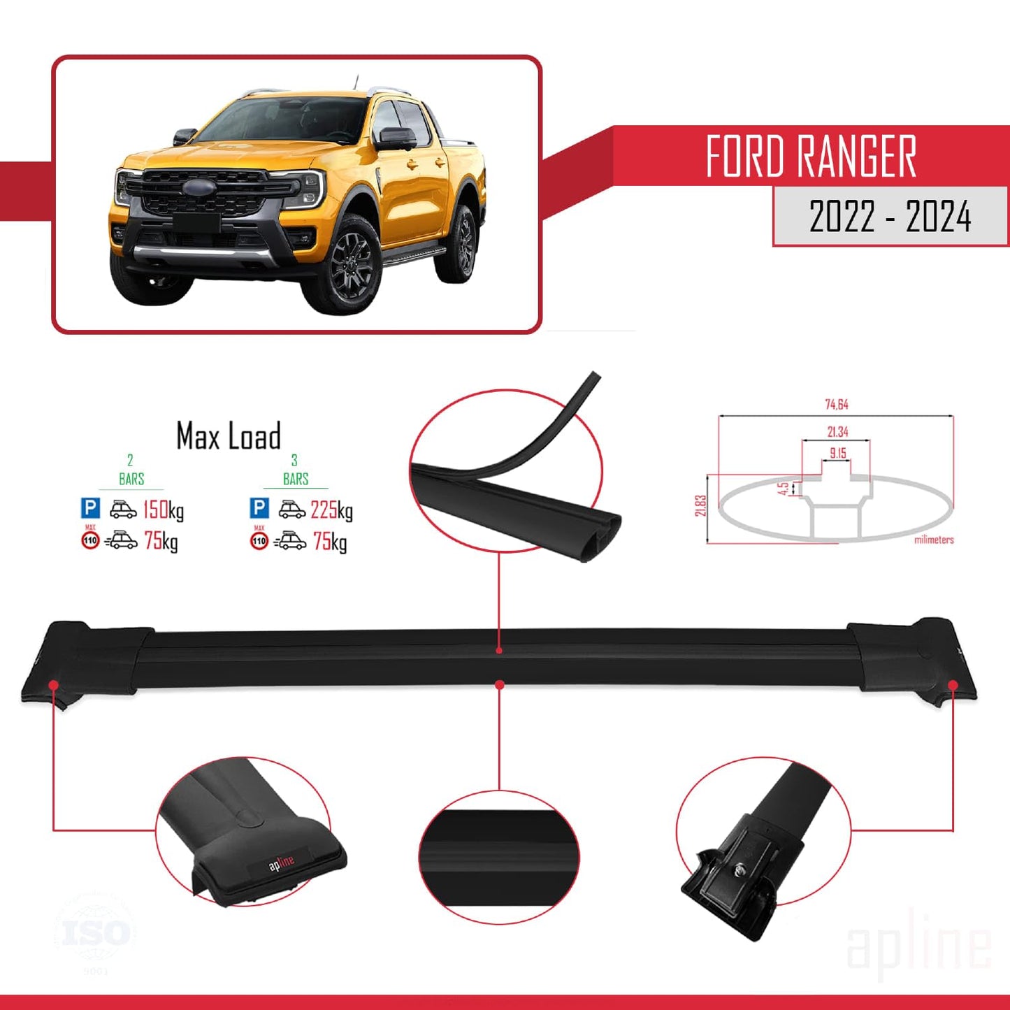 Compatible with Ford Ranger (P703) 2022-2024 Fly Model Car Roof Rack Cross Bar Black Aluminium 2 Bars