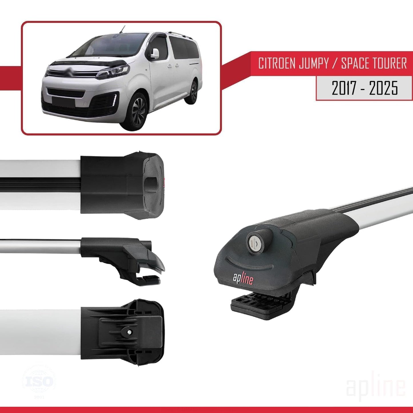 Compatible with Citroen Jumpy 3 (K0) Space Tourer 2017-2025 ACE-1 Car Roof Rack Cross Bar Grey Aluminium 3 Bars